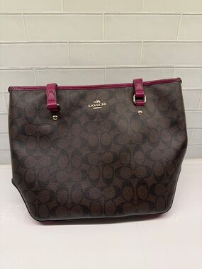 Coach Brown Signature Tote with Fuchsia Trim
